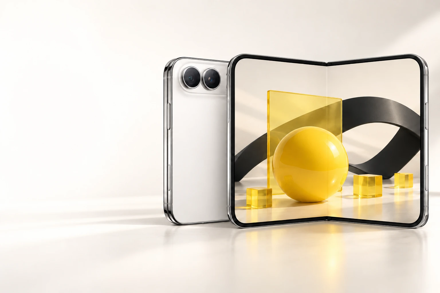 Foldable Duo phone displaying yellow and black geometric artwork